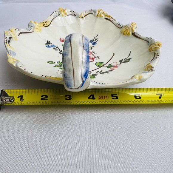 Italian Hand-Painted Vintage Ceramic Dish with Handle - Floral Design, Scalloped - Picture 9 of 10
